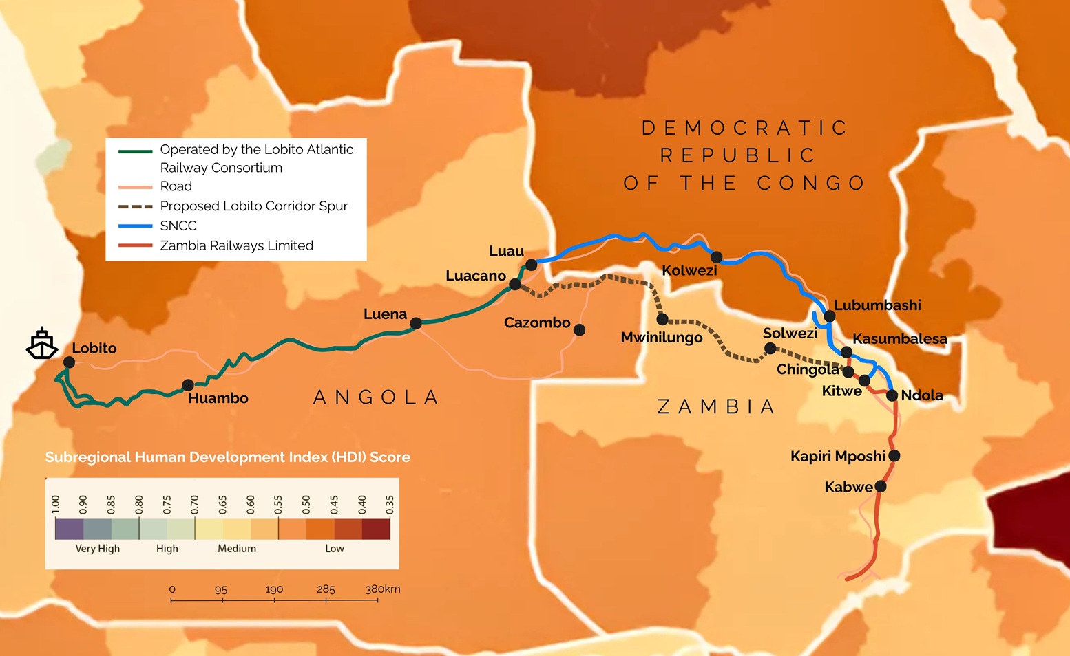 Image showing Subregional Human Development Index (HDI) scores for areas in and around the Lobito Corridor